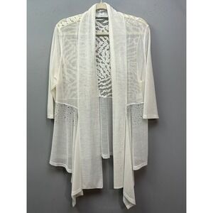 Beta's Choice Cardigan Women Large White Lace Back Rhinestone Draped Open Front